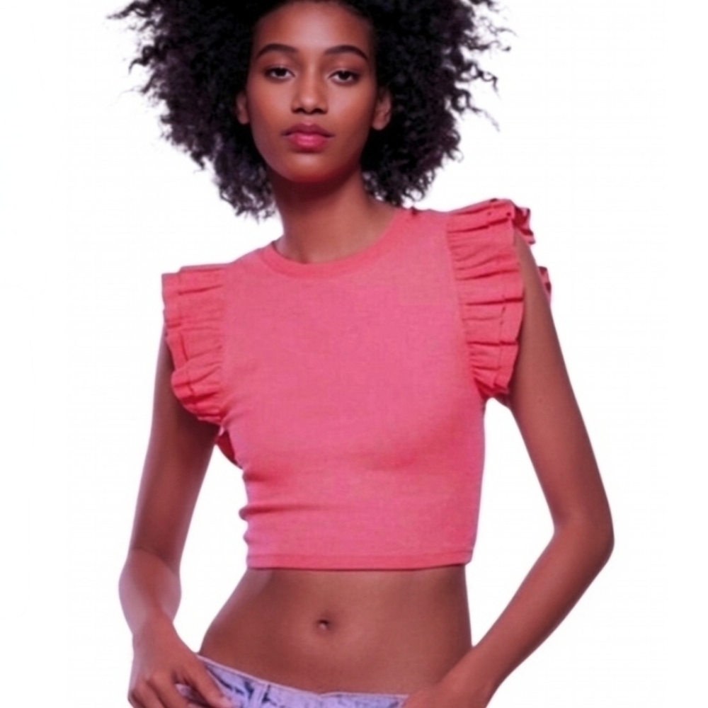 Zara Ruffled Ribbed Crop Shirt Size Small - Picture 10 of 10
